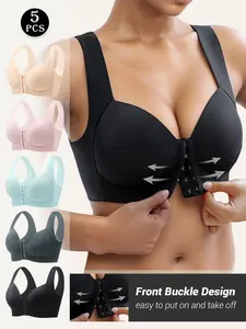 Women's Plain Front Buckle Everyday Bra, Wide Shoulder Straps, Anti-Slip Breathable, Shell Stitch Decor, Classic Fashion Design, All Seasons Wear，1Pack/2Pack/3Pack/4Pack/5Pack.