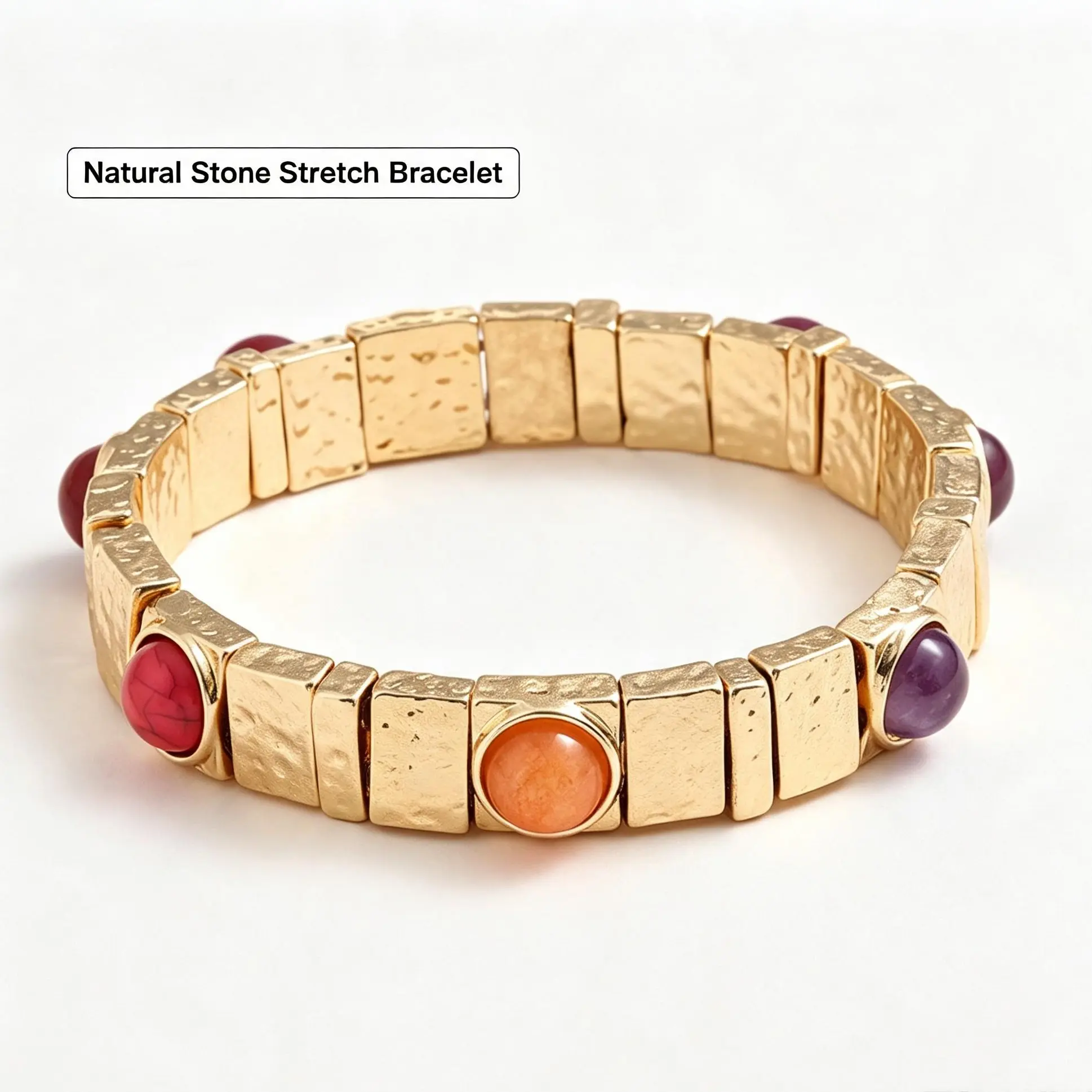 Women's Retro Bohemian Zinc Alloy Hammered Gold Quadrilateral Bead Bangle Bracelet with Multi-Color Natural Stones, Female Accessory for Daily Wear & Vacation Outings