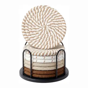 Coasters Set of 8 for, Coffee, Cotton Woven Colors Absorbent Coaster with Holder, Boho Coasters for Home Decor Tabletop Protection Suitable for Kinds of Cups, Coffee