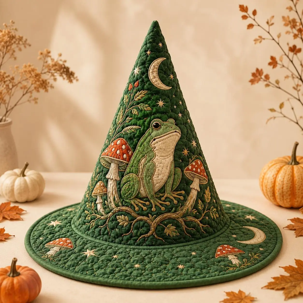 Green Frog & Mushroom Quilted Witch Hat – Quilted-Style Cottagecore Halloween Costume Accessory with Moon, Stars and Botanical Design
