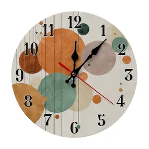 12 Inch Retro Abstract Circle & Line Wooden Wall Clock | Boho Geometric Circle Art Print, Battery Not Included, Great Gift for Mid-Century Decor Lovers, Perfect for Living Room, Bedroom, Office