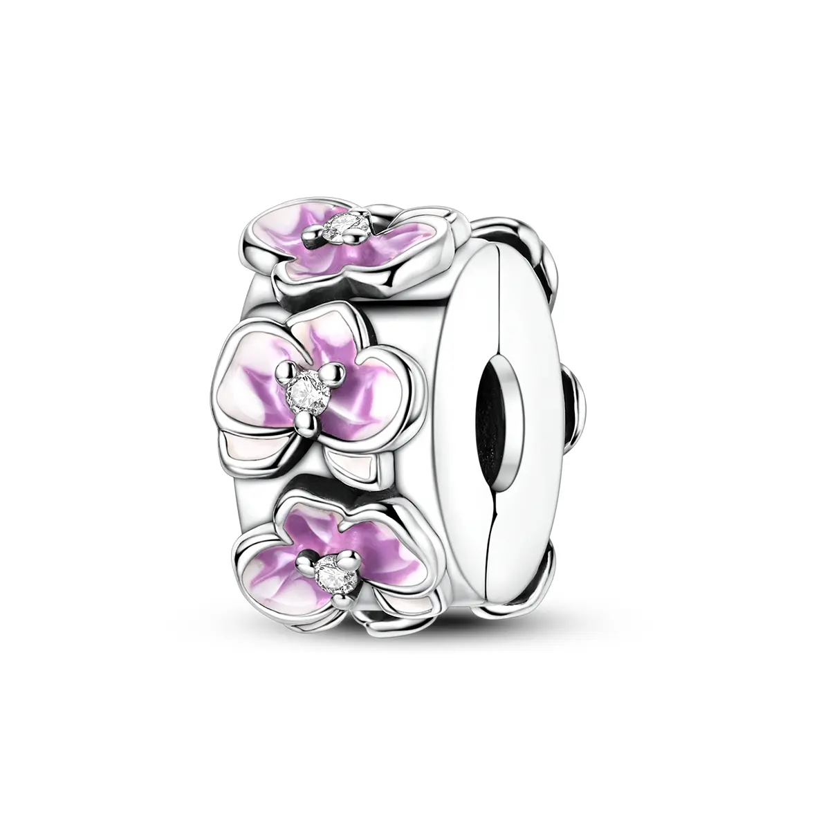 MULA Elegant Purple Orchid Stopper Clip Charm, 925 Silver-Plated with Hand-Painted Enamel & Zircon, Features Silicone Core, Fits Pandora Bracelets for Women, Durable, Clasp, Valentines Day