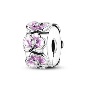 MULA 925 Silver-plated orchid stopper clip pendant with enamel and zircon - elegant beads symbolize beauty and strength, suitable for Pandora bracelets and necklaces - gift for women and girls