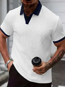 Men's Business Casual Colorblock V-Neck Muscle Slim Collared Polo Shirt, Textured Short Sleeve, Stylish and Comfortable, Perfect for Office and Daily Wear