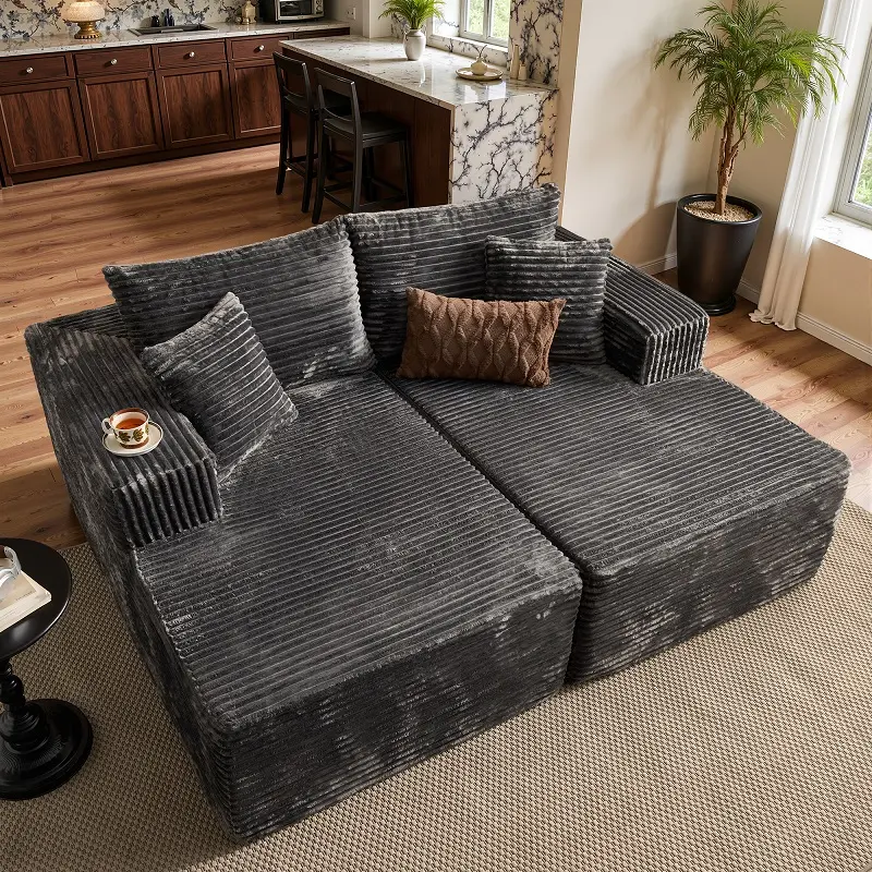 CAODOC Boneless Sofa Couch Double Chaise Lounge with Plush Corduroy Upholstery, Oversized Sectional Couch Sofa Bed, No Assembly Sleeper Loveseat for Living Room Audiovisual Room, Modern Fluffy Sofa Chair