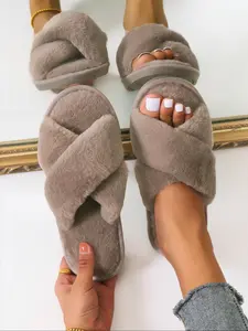 Women's Solid Color Faux Fur Elegant Slippers, Soft Plush Home Slippers, Ladies Casual Breathable Slides Slippers, Cross Strap Slippers for Home Indoor, Footwear, Girl's Comfort Walking Shoes, Trending Shoes, Unique Gifts for Women, Slippers for Women