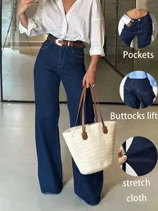 Women's High-Waisted Wide-Leg Jeans, Deep Blue Washed Stretch Denim, Pockets, Butt Lifting, Hemmed, Loose Fit, Casual Office Wear, Pants, Bottom