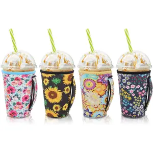 4Pack Reusable Iced Coffee Insulator Sleeves for Cold Drinks, Neoprene Cup Holder for Most Coffee Fits 22-24oz Medium Cups (Floral Meadow With Handle)