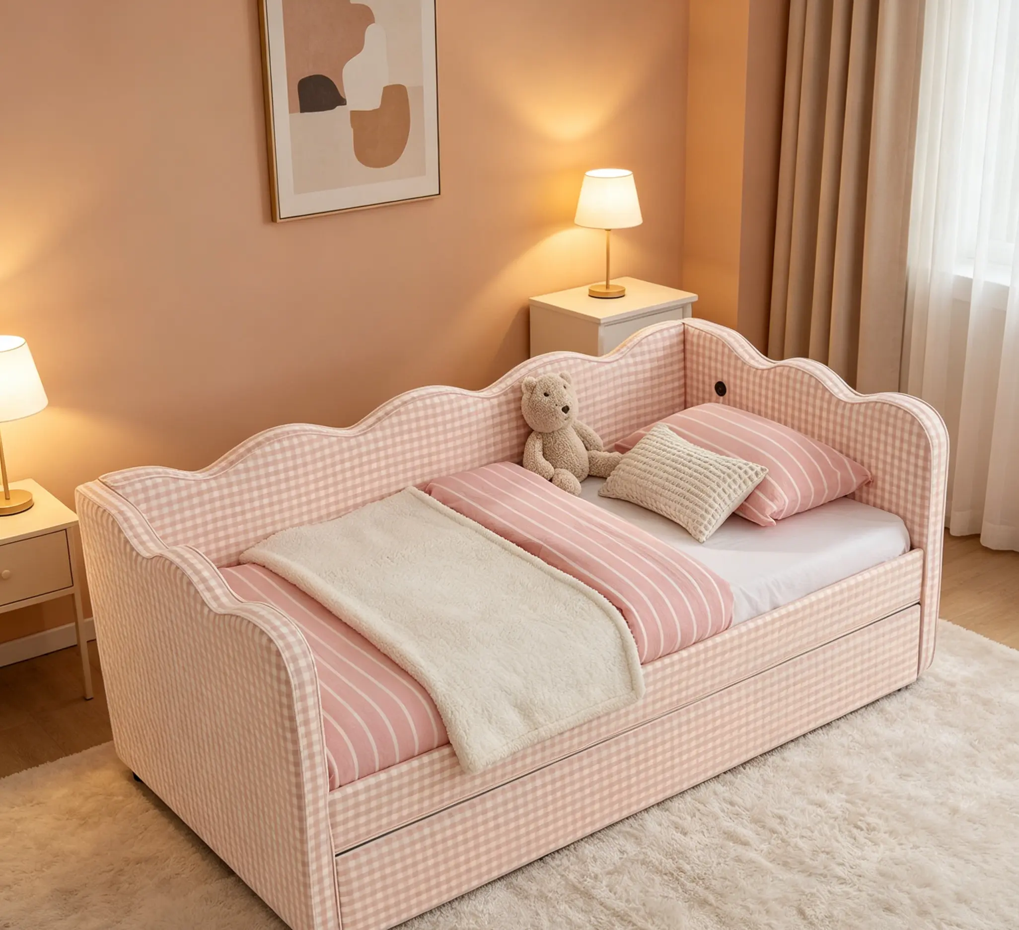 Linen Fabric Gingham Print Modern Twin-Size Trundle Daybed Sofa Bed - Twin Bed Frame, No Box Spring Required, Built-In USB Port, Wave Shape Design, Easy Setup Indoor Furniture