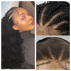 Braided Cornrow Curly Wig Lace Frontal With Baby Hair Natural Black Glueless 13X4 Knotless Synthetic Wavy Wig