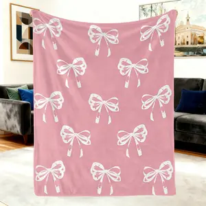 Pink Bow Blanket,Cute Bowknot Design Flannel Throw Blanket,Coquette Girly Blanket Gift for Teens Kids Women Girls,Cozy Pink Ribbon Bedding Blanket for Bedroom Sofa Travel Kawaii Home Decor