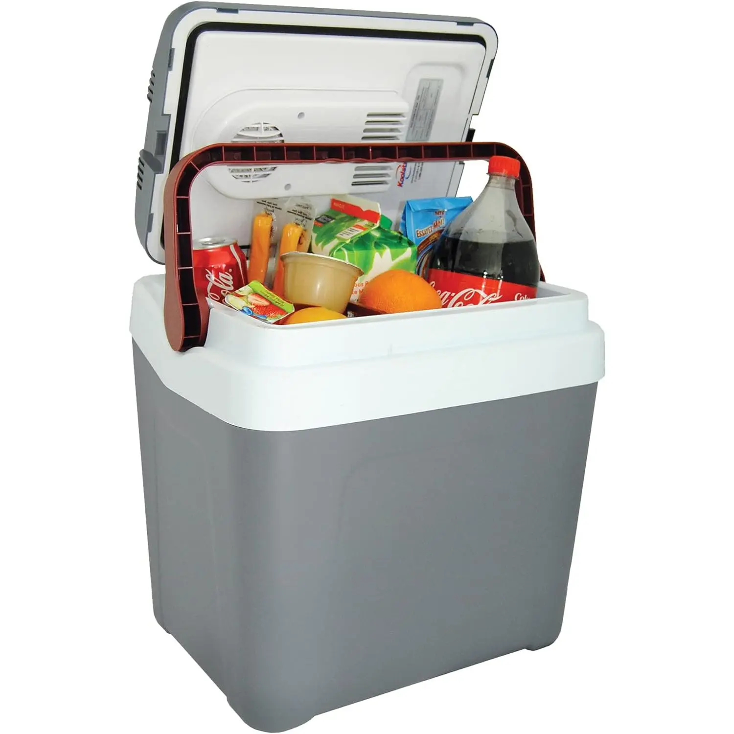 Koolatron Electric Portable Cooler Plug in 12V car Cooler 25 L (26 qt), No Ice Thermo Electric Portable Fridge for Camping, Travel Road Trips Trucking with 12 Volt DC Power Cord, Gray/White.