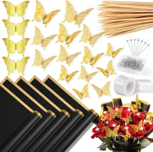 Floral Wrapping Paper Set - 235 Pieces with 20 Sheets of Black Flower, Butterflies, Rhinestone Pins, Ribbons & Wooden Sticks for Bouquets