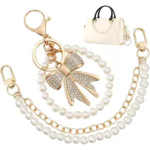 Pearl Purse Chain, Gold Metal Bag Extender Chain with White Rhinestone Bow Keychain, Short Purse Strap Extender Replacement, for Women Handbags Shoulder Crossbody Bags, 26CM/10.24Inch