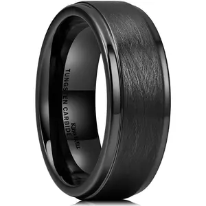 King Will Classic 8mm Tungsten Carbide Ring Black/Silver/Gold Brushed Two Grooved Center Hammered Design Mens Wedding Band for Men