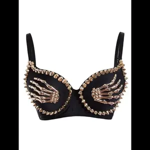 BLACK 1960S GOTHIC PUNK SKELETON HAND RIVET TOP Womenswear Light