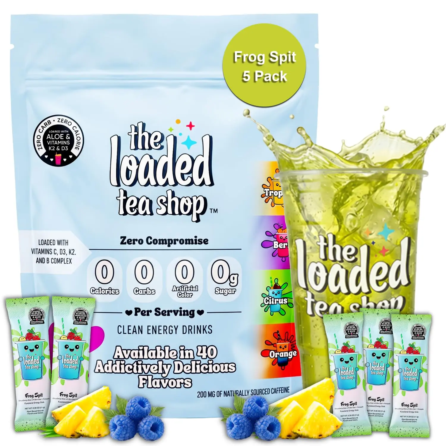 The Loaded Tea Shop Frog Spit Energy Drink Mix Sticks, 5 Pack, Sugar Free, Zero Calorie Powder, 200mg Natural Caffeine, B Vitamins, No Artificial Colors or Flavors