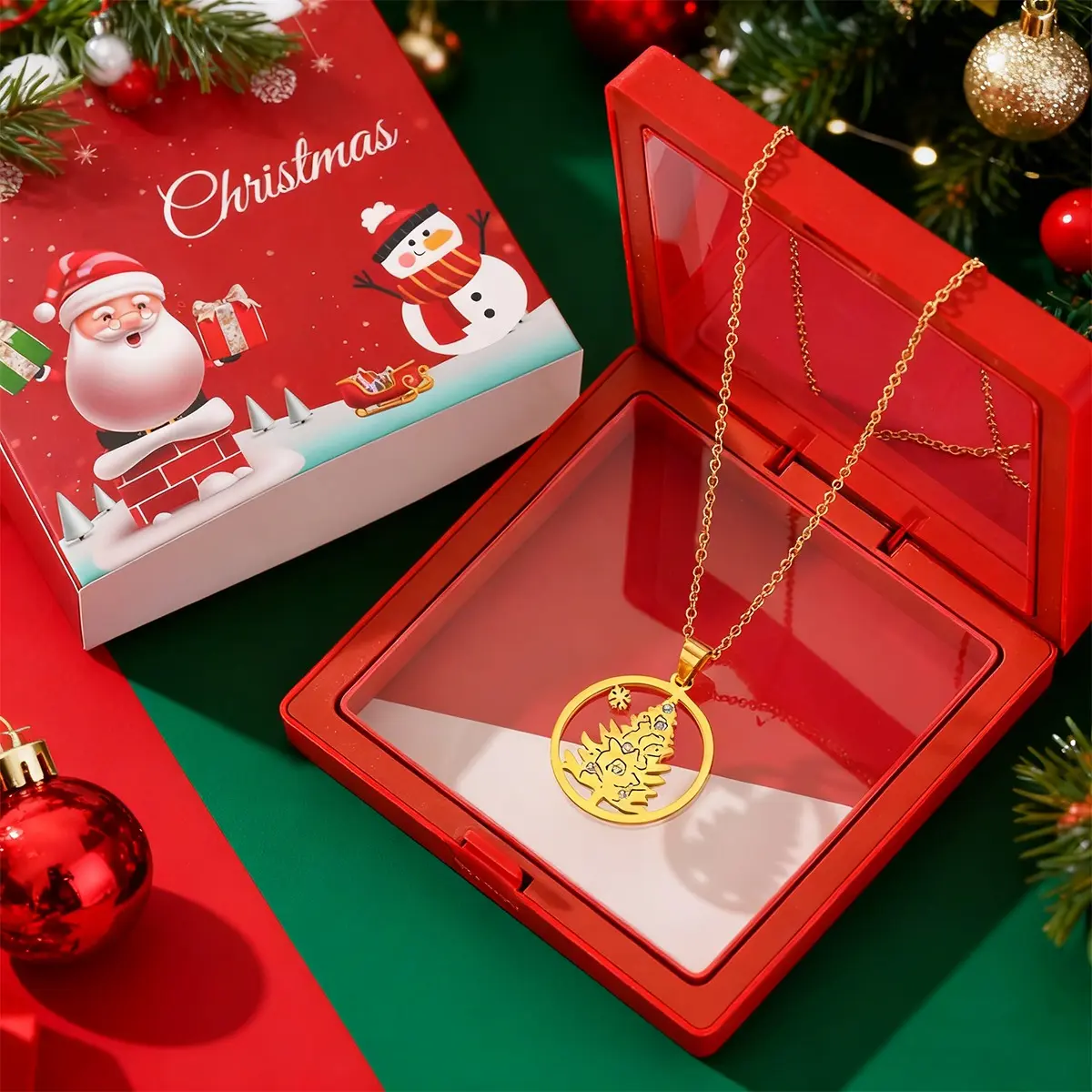 Round Christmas Tree Necklace, Stylish and Elegant Zircon Hollow Christmas Tree Pendant Necklace, Christmas Gift, Birthday Gift, Daily, Party, Gift Box