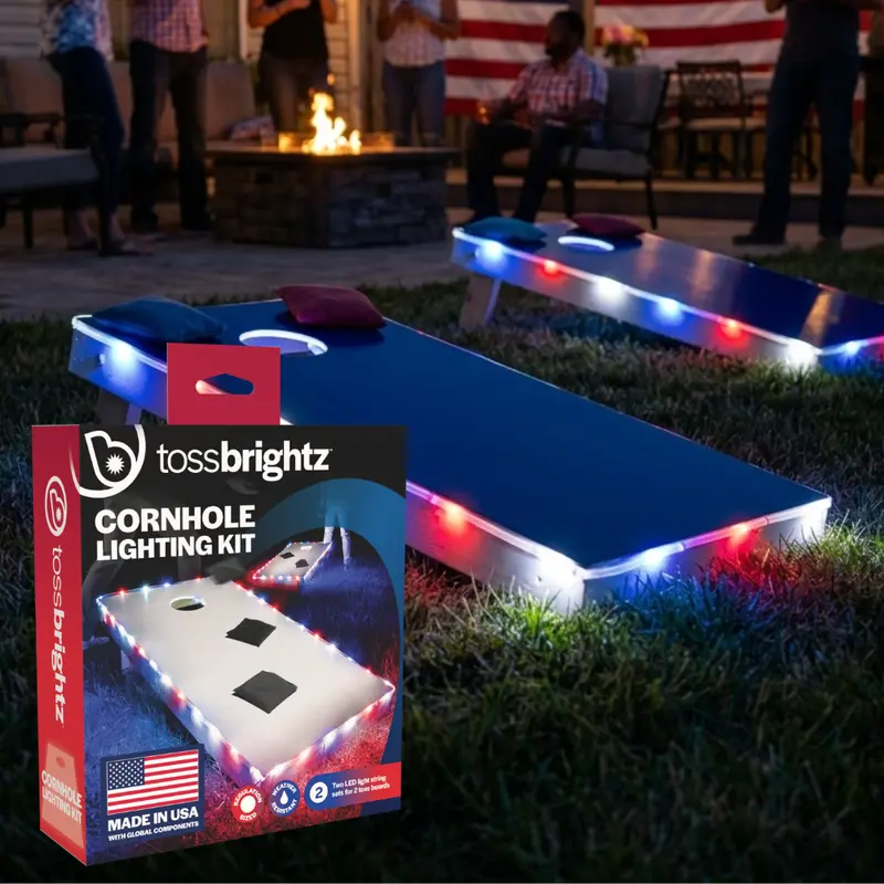 Patriotic Cornhole Board Lights (2-Pack) - Made in USA Toss Brightz Bag Toss Game Accessory, Weather-Resistant Lighting for Outdoor Lawn Games