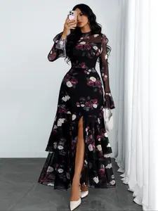 Women's Sexy Romantic Slit Waist Print Mesh Dress, Elegant Floral Patchwork Long Sleeve A-Line Skirt, Summer Fashion Casual Wear