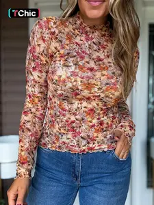 Elegant Floral Print Mesh Long Sleeve Top, Spring & Fall Fashion, Slim Fit Round Neck, Women's Casual Wear, All Seasons, Womenswear