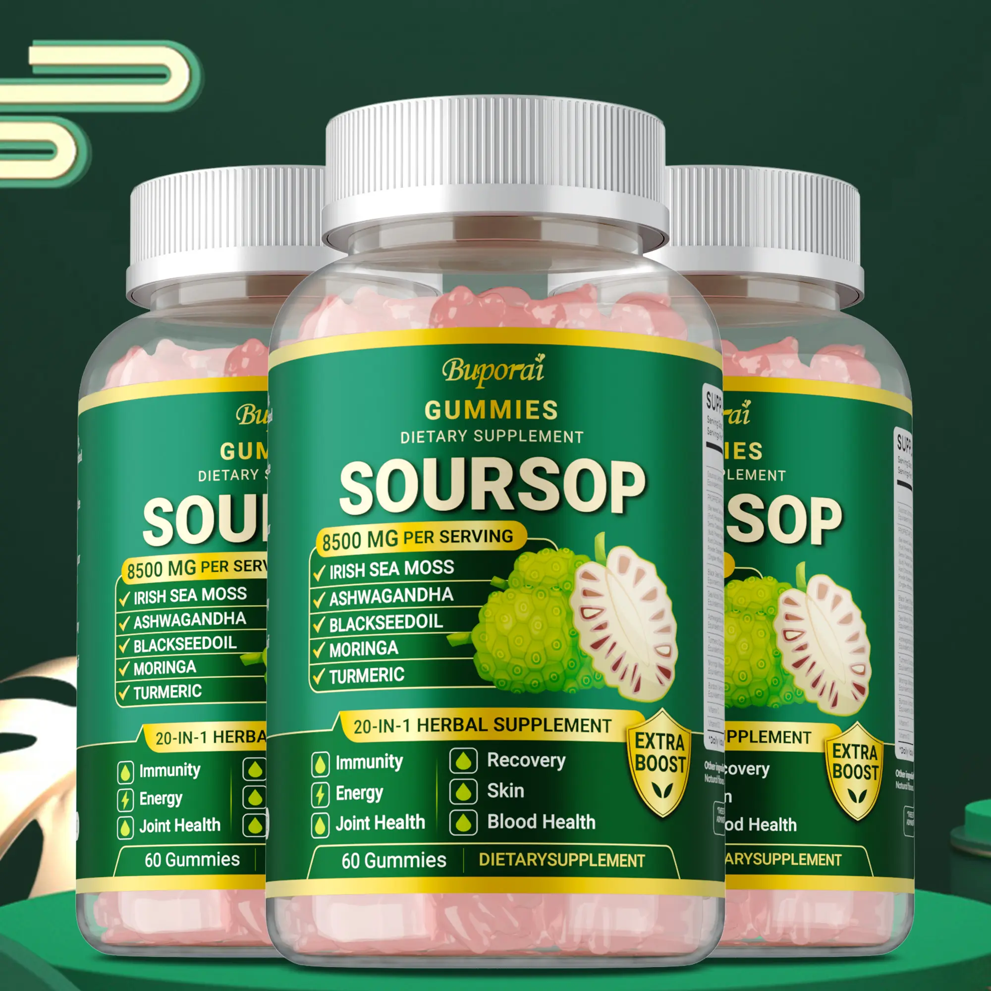 Buporai Soursop Dietary Supplement Gummies (60 Count) — Formulated with Irish Sea Moss, Ashwagandha, Black Seed Oil, Moringa, and Turmeric to Support Skin and Joint Health.