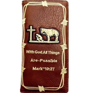 Men's Western Bifold Wallet Brown Checkbook Style with Cross and Praying Cowboy Design