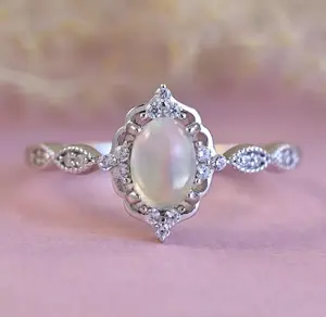 Genuine Opal Vintage Style Engagement Ring Sterling Silver Wedding Ring Bridal Ring Size 3-12 S13943