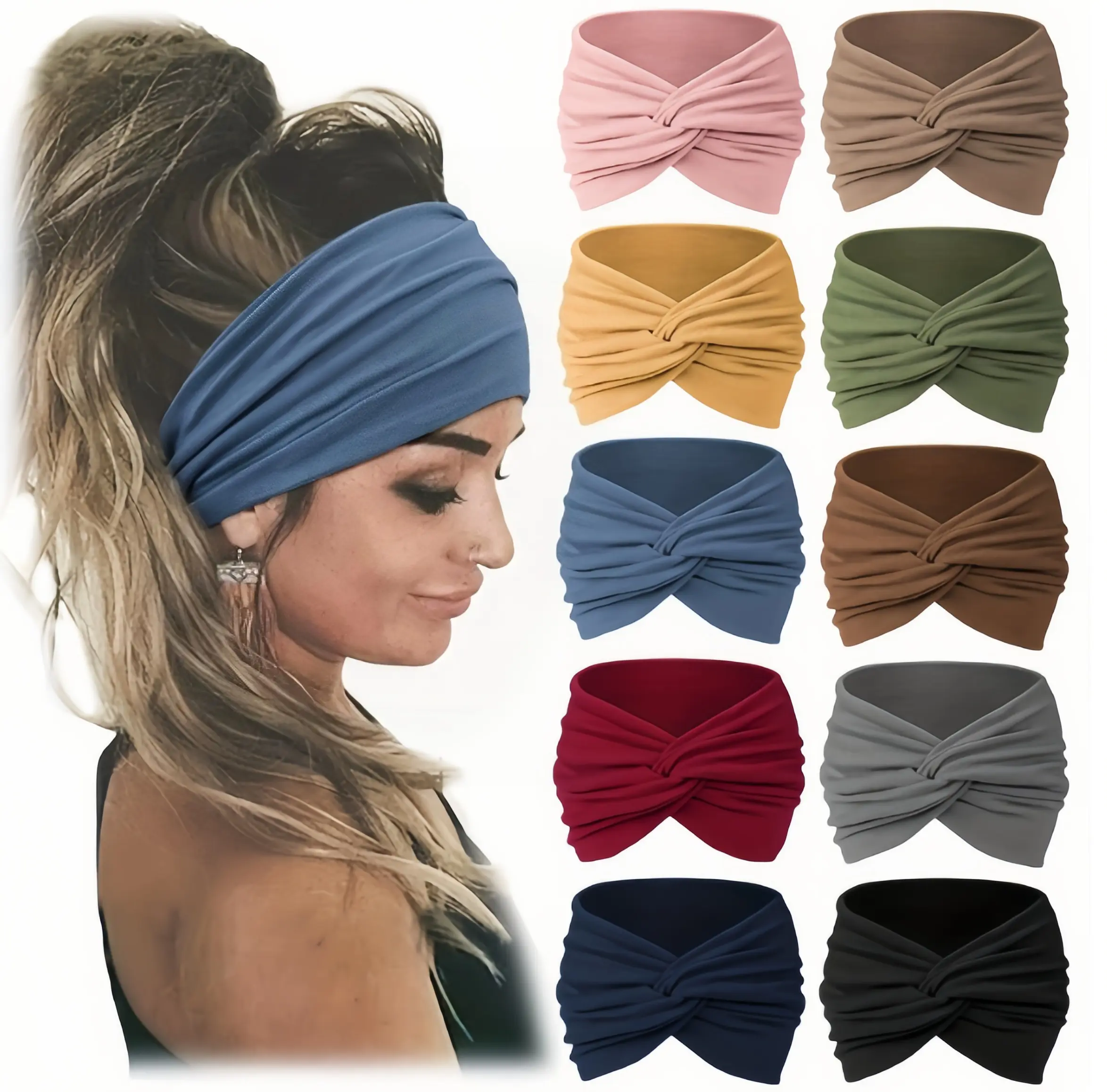 Women's Boho Twist Knot Headband - Wide Elastic Bandeau Headband, Non-Slip Soft Stretchy Fabric Hair Accessory for Yoga, Daily Wear, Wide Headbands, Elastic Headbands