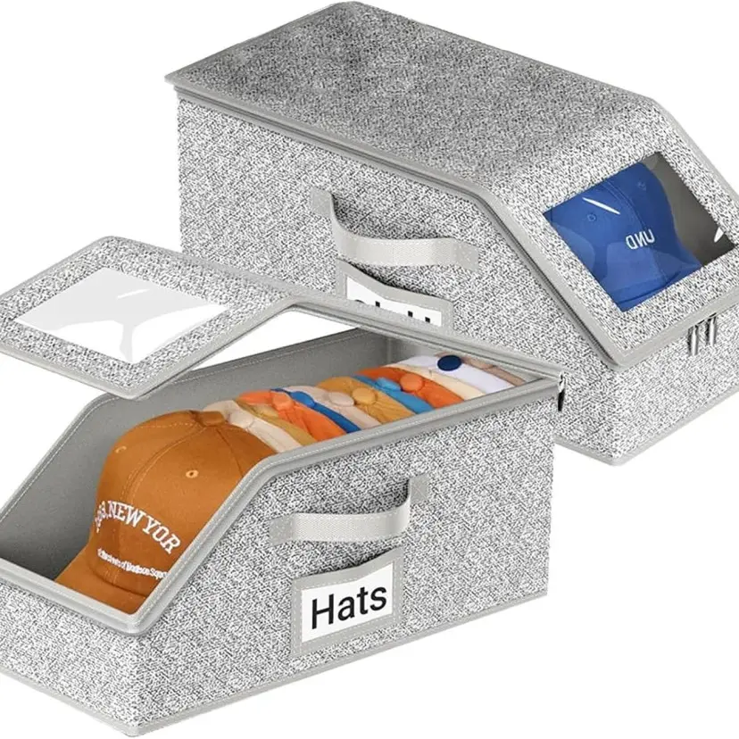 Stackable Hat Storage Box for Baseball Caps, Various Options Hat Storage Boxes for Closet, Holds up to 24 Caps with Cardboard, Hat Organizer for Women & Men (Grey) cap storage box