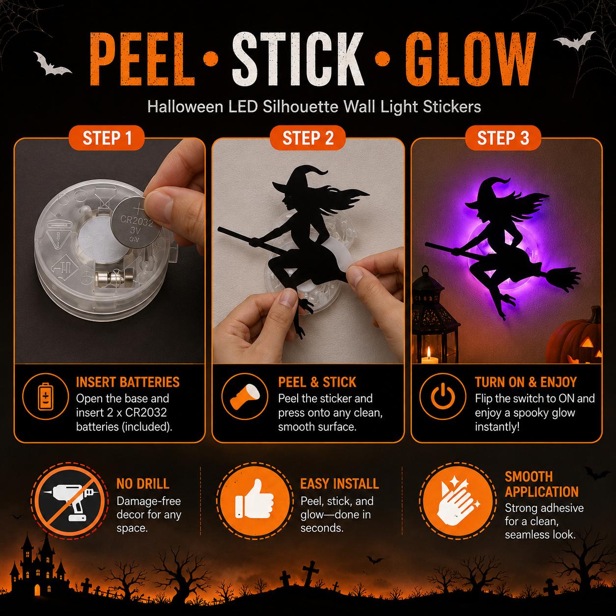 Halloween LED Silhouette Wall Light Stickers, Battery Powered Peel & Stick Decor Lights, No Drill PET Waterproof Wall Decor, Spooky Ghost Pumpkin Witch Bat Castle Spider Tree Ornaments for Home Window Door Party, 9/18/27 Pack Available