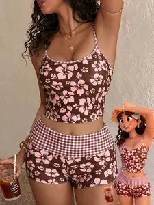 Tropical Hibiscus Floral 2-Piece Swimsuit, Women's Cami Tankini Top with High Waist Swim Shorts, Trendy Summer Beachwear Swimwear