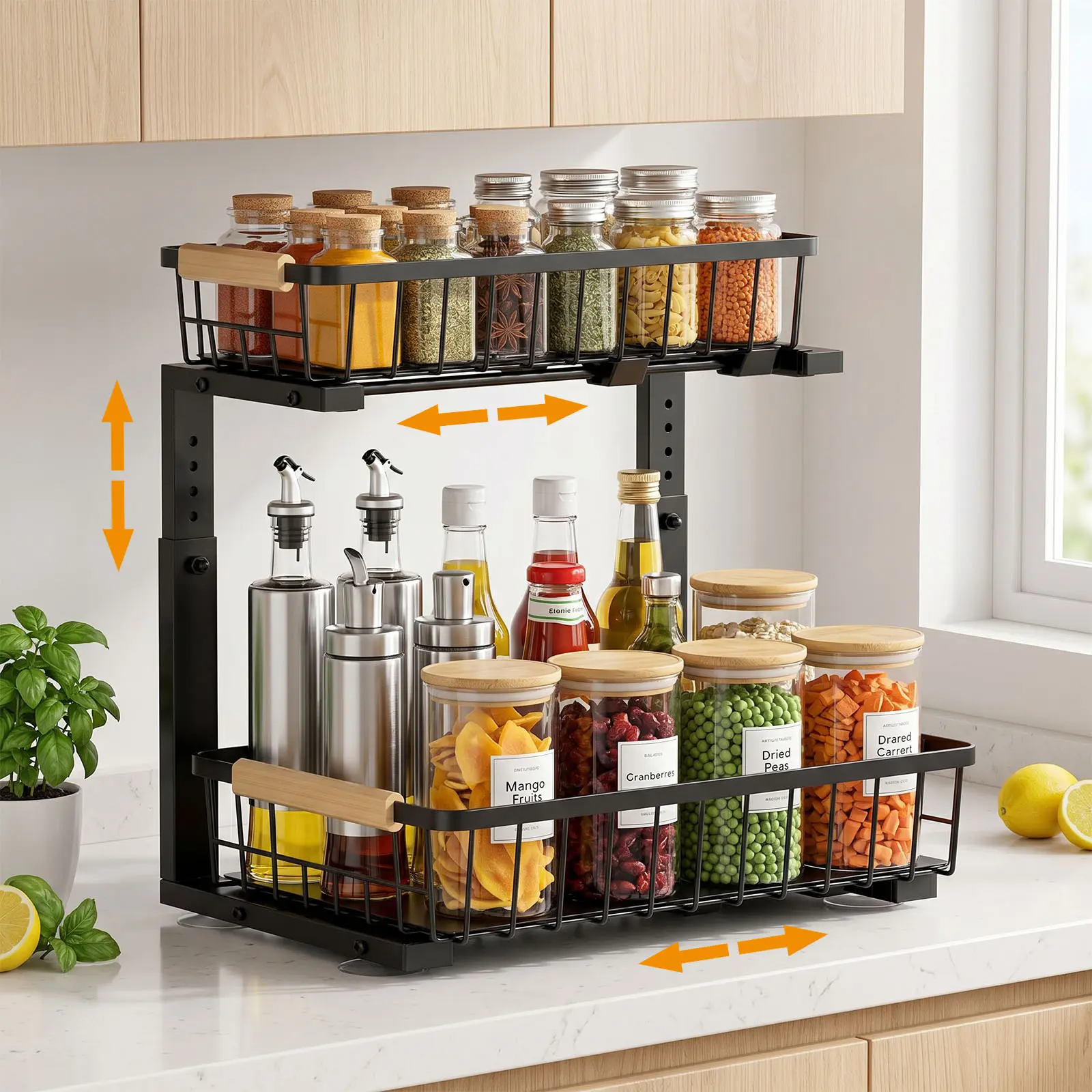 LOVEWE 2-Tier Adjustable Kitchen Spice Rack Organizer, Space-Saving Storage for Bottles & Jars, Black Home Supply Organizer, Metal