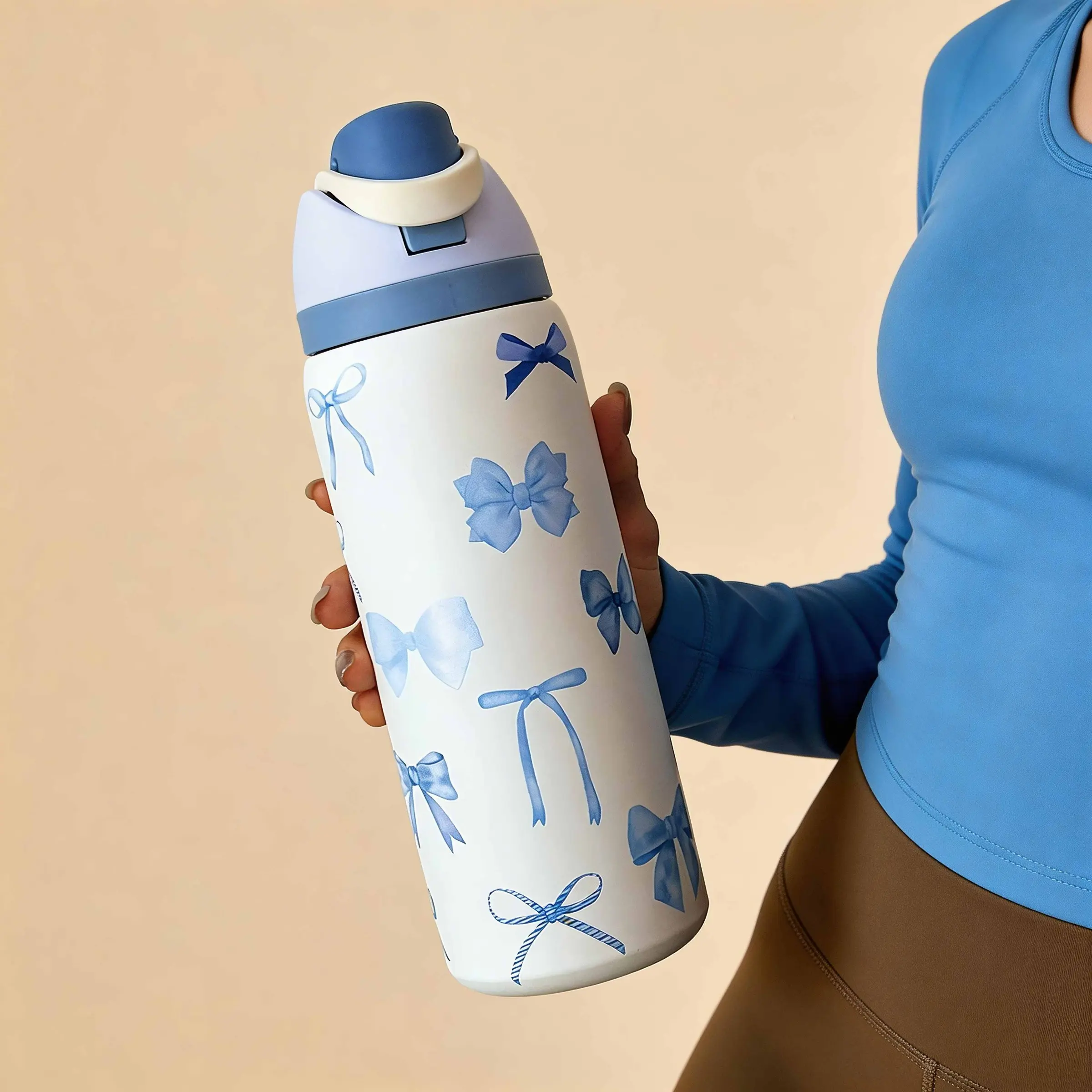Blue Watercolor Bowknot Design Insulated Stainless Steel Water Bottle, Vacuum Flask, Insulated Vacuum Flasks, Thermal Flask, Insulated Bottles, 24oz/32oz/40oz, Sports Cup, Travel Mug, with Straw, Gift, Drinkware