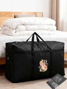 A large-capacity travel tote bag with pink flower and gold letter patterns, super large storage bag, foldable luggage bag, large-capacity waterproof and moisture-proof tote bag with initials pattern, carry bag storage pouch
