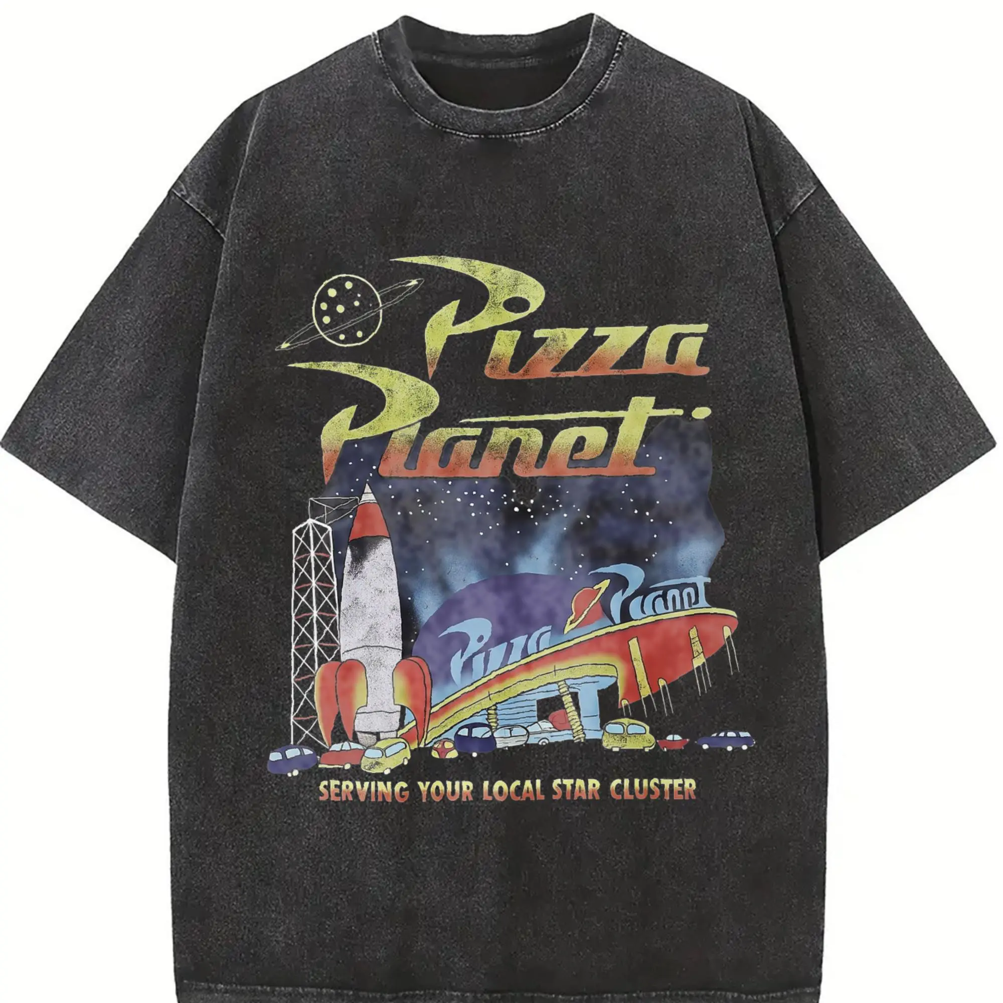 Men's Pizza Planet Retro Space Graphic T-Shirt, Menswear Cotton Short-Sleeve Round Neck Casual Streetwear Top