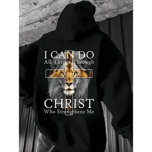 Men’s "I Can Do All Things Through Christ" Lion Graphic Hoodie - TikTok Trending Faith Vibe Style | Casual Essential