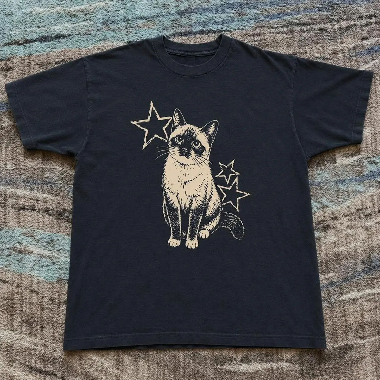 Siamese Cat T-shirt Vintage Sitting Cat Celestial Stars Graphic Tee, Retro Pet Lover Washed Shirt, Loose Fit Unisex Top