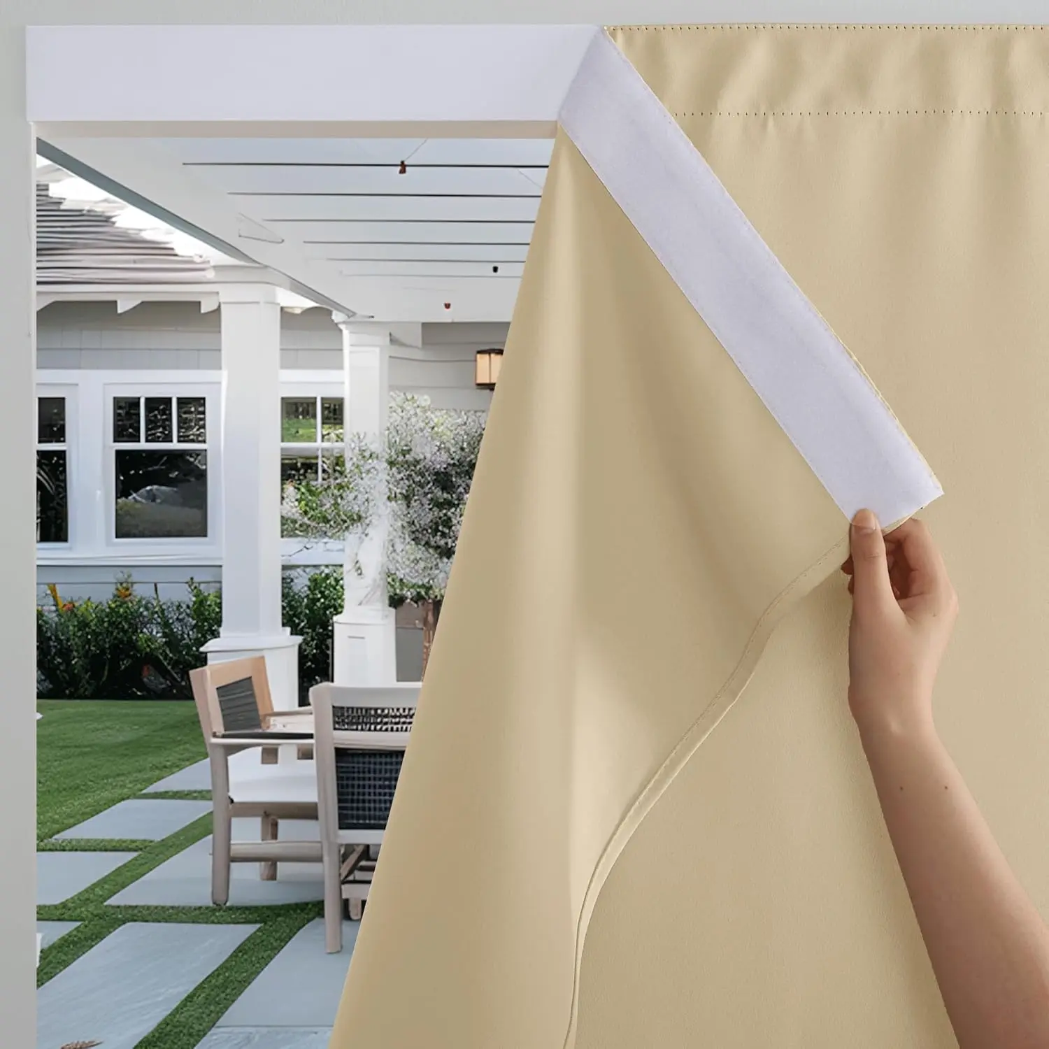 Windproof Outdoor Curtains for Patio  Adhesive Top  Tab Bottom,No Drill Sun Blocking Outside Curtains with Rope for Gazebo Porch Pergola, Biscotti Beige, W 52 x L 84, 2 Panels
