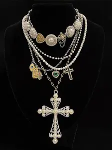 Faux Pearl & Rhinestone Decorated Bling Cross Pendant Necklace, Chic Gorgeous Jewelry, Fashion Jewelry for Party, Daily Clothing Decor, Trendy All-match & Exquisite Jewelry for Birthday Gift, Necklace Set