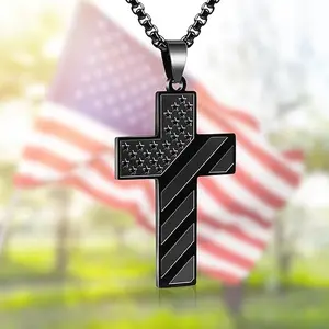Cross Necklace with Bible Verse & American Flag Pendant – Stainless Steel Men’s Jewelry Gift | Faith-Inspired, Bold & Patriotic Chain for Him