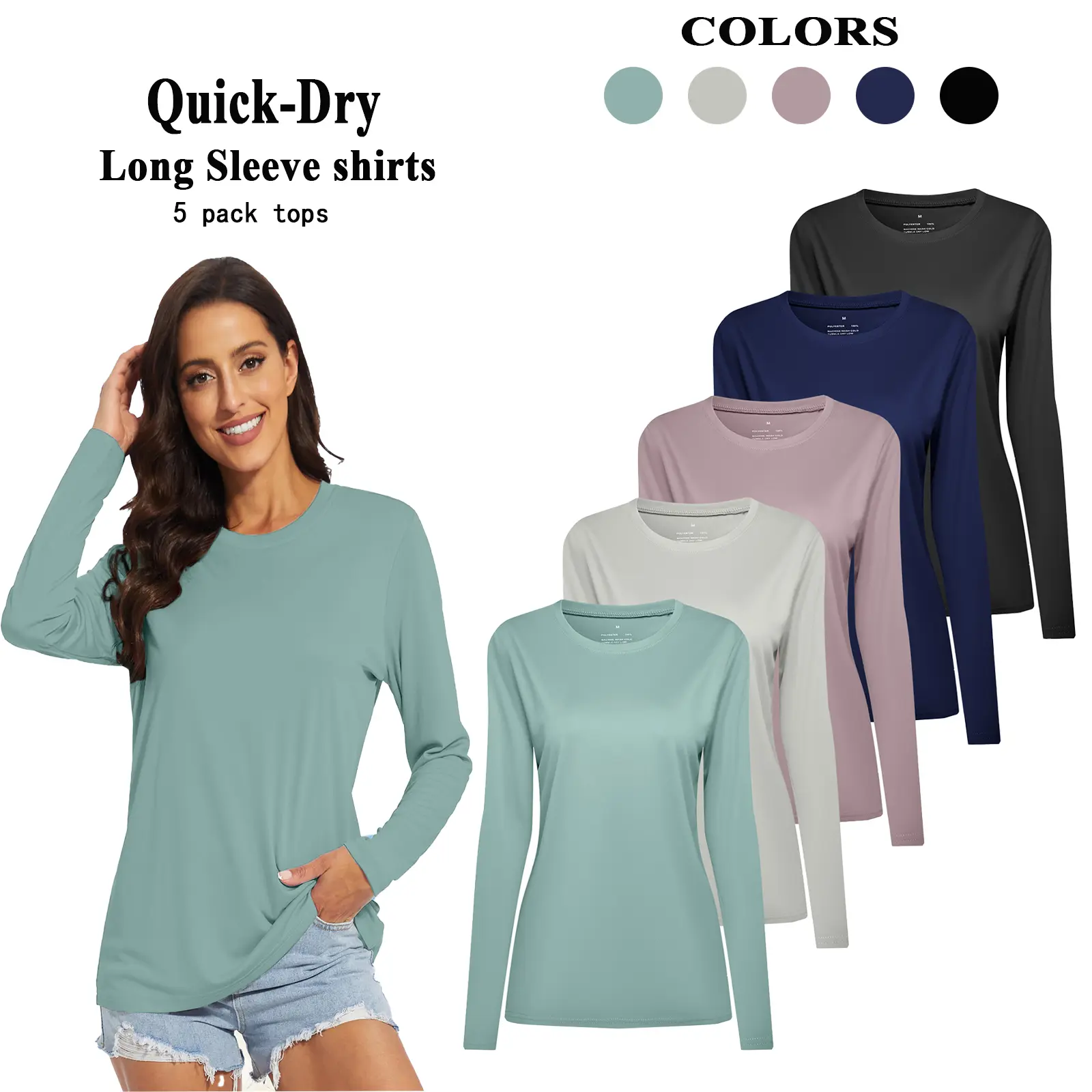 HOPLYNN 5 Pack Women's Crew Neck Casual  Fitness Tennis gym outfits workout clothes women Long Sleeve T-Shirt  gym fits