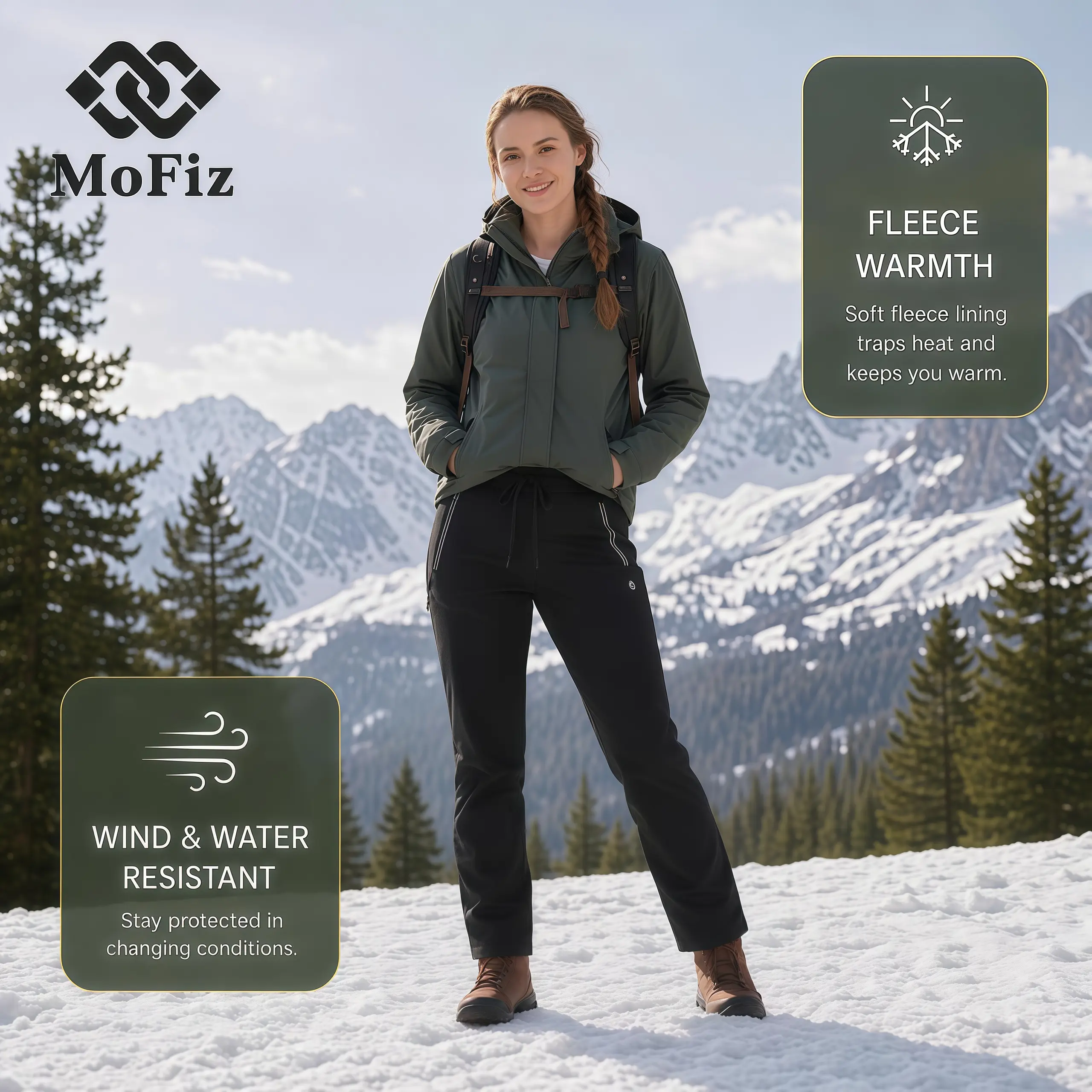 MoFiz Women's Insulated Soft Shell Hiking Pants - Waterproof Winter Outdoor Snow Ski Pants with Zipper Pockets