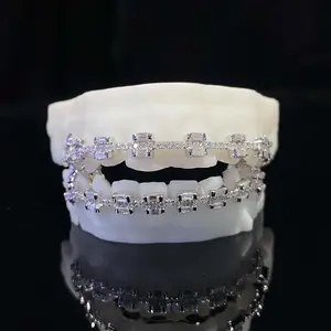 Custom Hip Hop Emerald Round Cut Braces 925 Silver Iced Out VVS Diamond Moissanite Teeth Grillz
