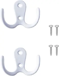 2 Pcs Double Prong Robe Hooks, Dual Coat Hooks Wall Mounted Hanging Clothes for Bathroom Bedroom Door Wall Retro Metal Cloth Hanger Double Coat Hooks with 4 Screws (White)