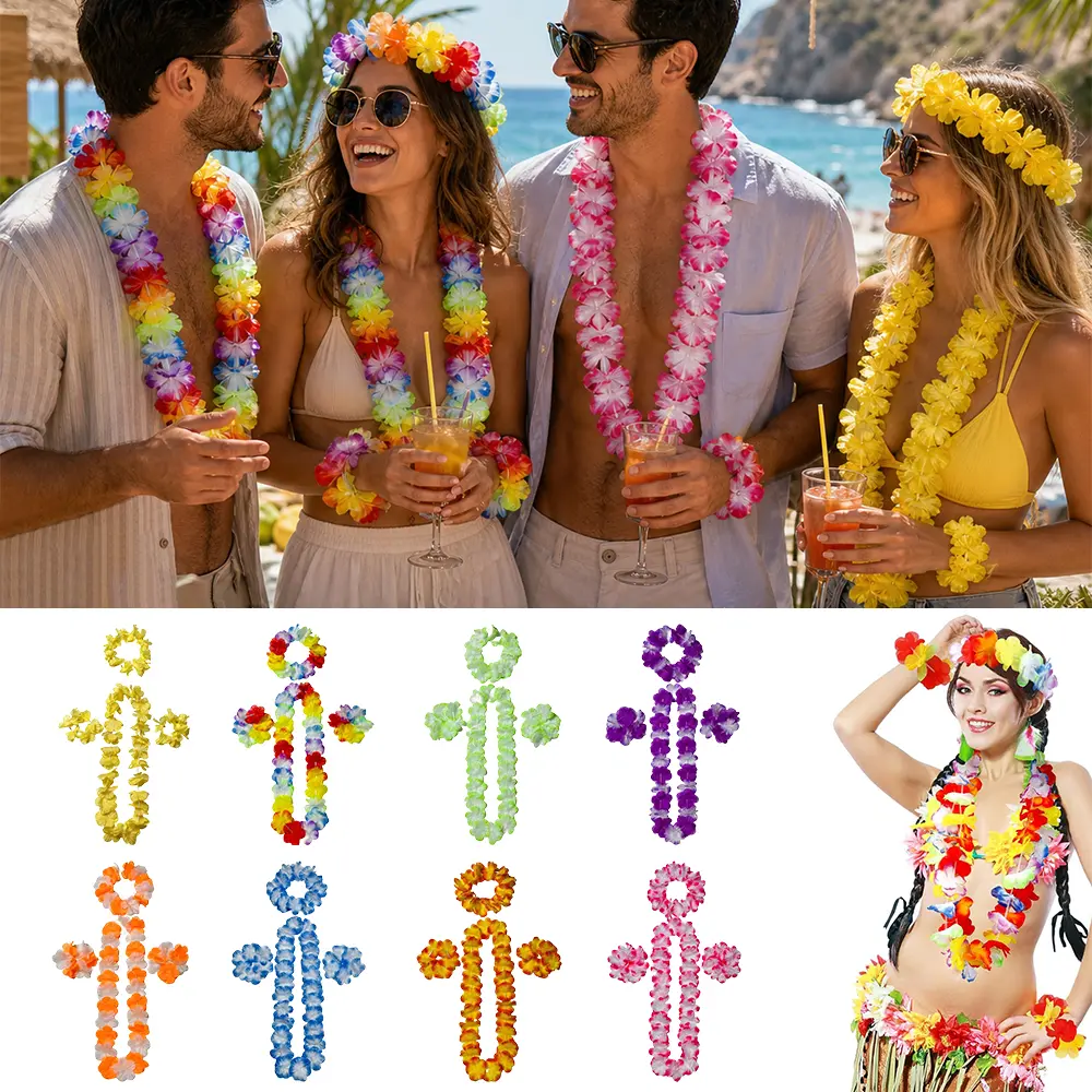 64Pcs Bulk Vibrant Multi-Use Plastic Hawaiian Tropical Floral Lei Sets - Silk Flower Garlands, Necklaces, Headbands, Wristbands, Unisex Party, Birthday, Wedding Supplies, Home Improvement Decor, Beach