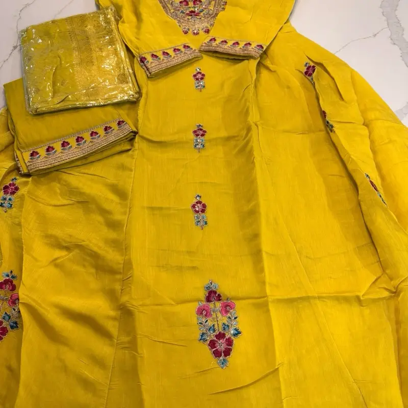 Indian Pakistani Dress Beautiful Casual Womenswear in Vibrant Yellow with Floral Embroidery and Matching Dupatta