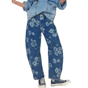 Women’s Y2K distressed barrel jeans — baggy wide-leg denim pants with floral print, boyfriend fit, patchwork design