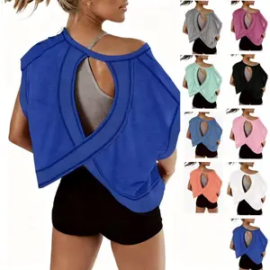 UANEO Women's Open Back Tops Y2K Short Sleeve Workout Shirts Casual Yoga  Gym Slouchy Crop Running Tees