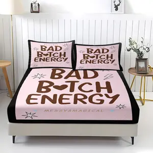 Bed sheet with 'BAD BITCH ENERGY' printed pattern, Bedsheet set, including 1 bed sheet and 2 pillowcases, anti slip dust cover suitable for bedrooms and guest rooms, suitable for children and adults as gifts, Bedding Accessories